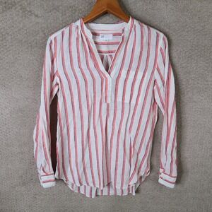 GAP Shirt Womens XS Red White Blue Striped‎ Linen V Neck Long Sleeve Blouse Top